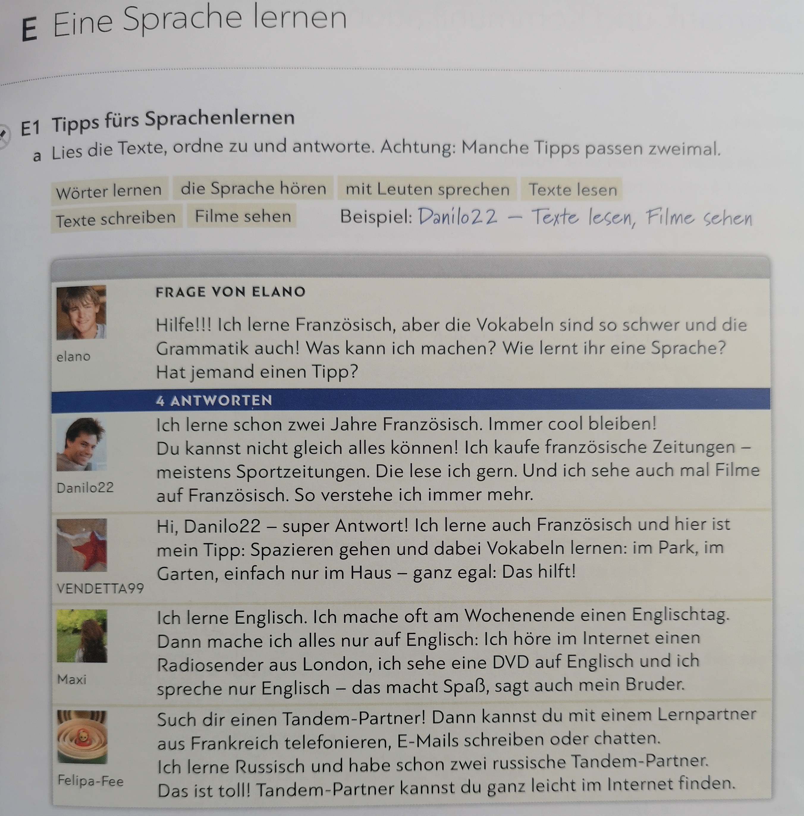 Przykładowy tekst Schritte International Neu, s. 89. Różne osoby udzielają sobie rad, jak uczyć się języków obcych.